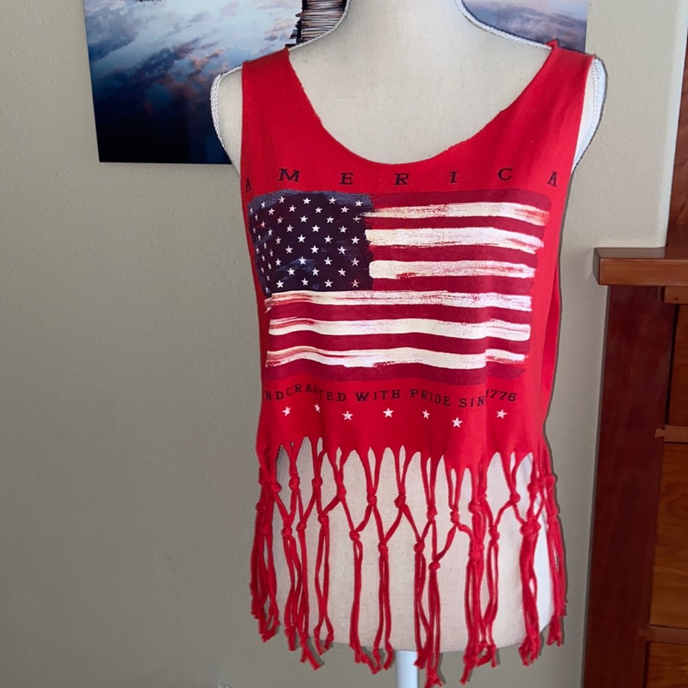 4th of July Independence Day Patriotic American Flag Fringe Knot Crop Tank Top - Picture 2 of 8